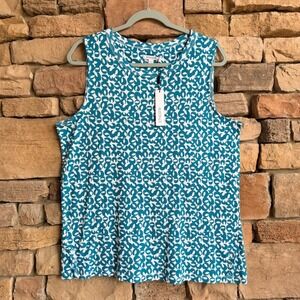 NEW Chicos 3 Women Teal White Abstract Button Accents BASIC KNIT TANK Top Mature